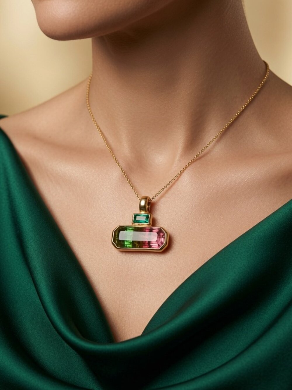 Absolutely Radiant. Emerald - Tourmaline. Blissful Artisan Work. 24 Kt Gold Set.